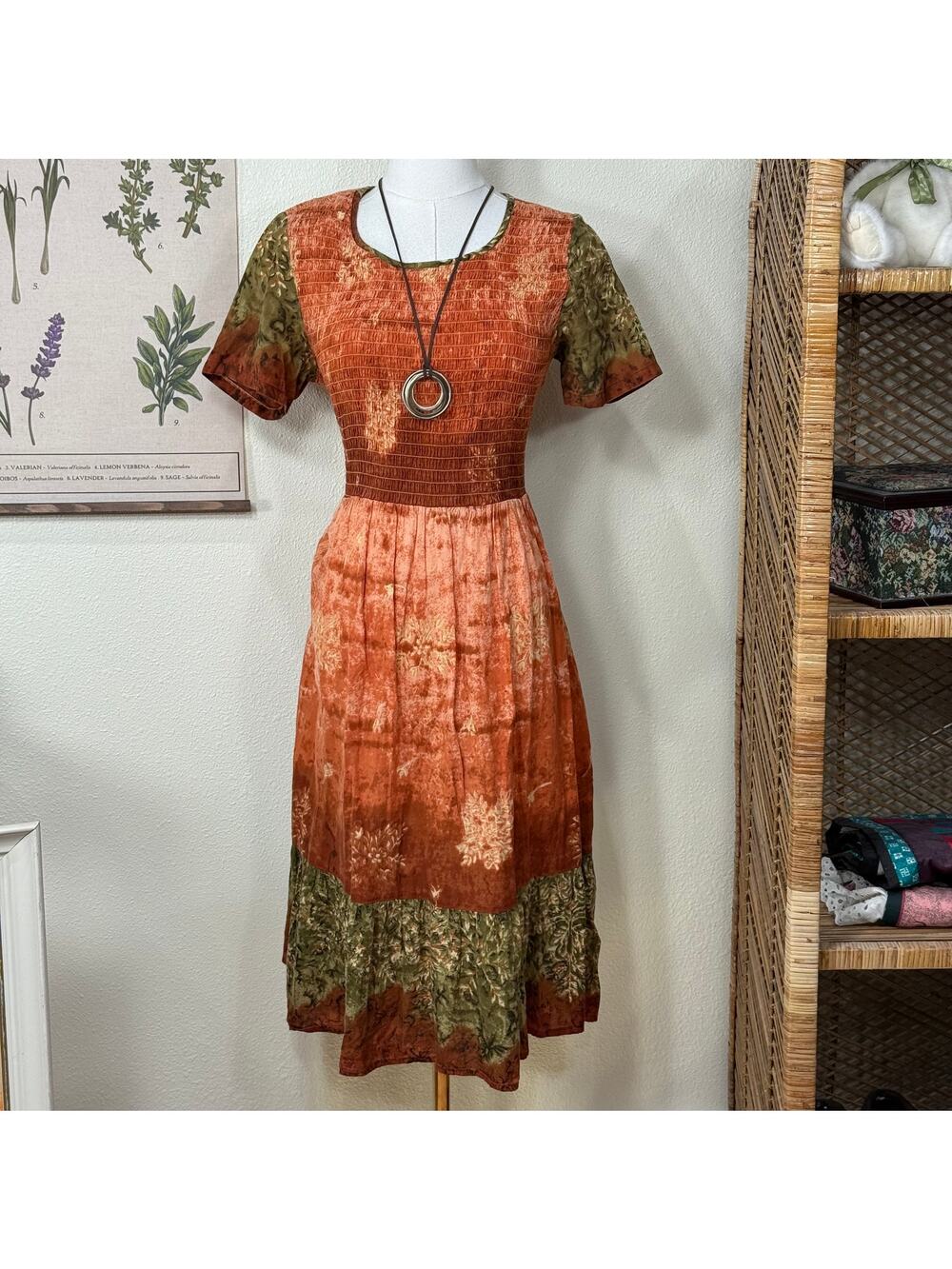Vintage 90s Y2k Orange Green Tiered Smocked Dress Hippie Boho Fairy Grunge M  L